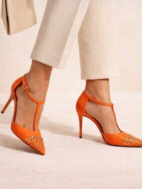 GUCCI Malaga Kid Leather T-Strap Pumps Orange Studded Pointed Toe Heels Designer